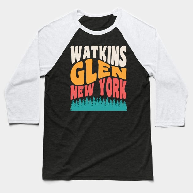 Watkins Glen State Park Hiking New York Retro Typography Baseball T-Shirt by PodDesignShop